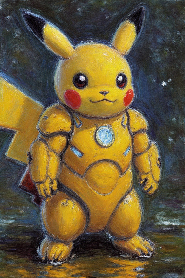 by claude monet,  stunning character fussion ((pikachu) in the style of (ironman)),  wearing luxury on Tensor.Art