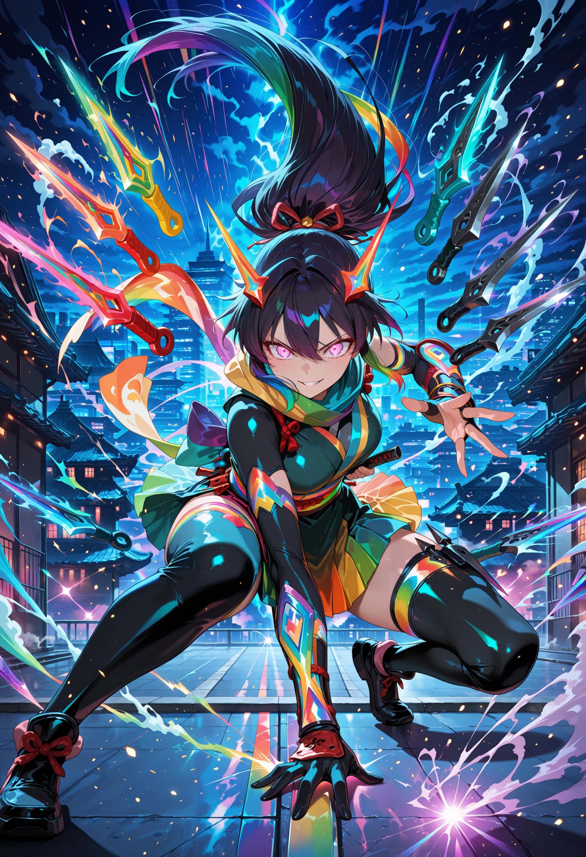 crazy anime ninja girl,  glowing throwing knives,  rainbow color weapons on Tensor.Art