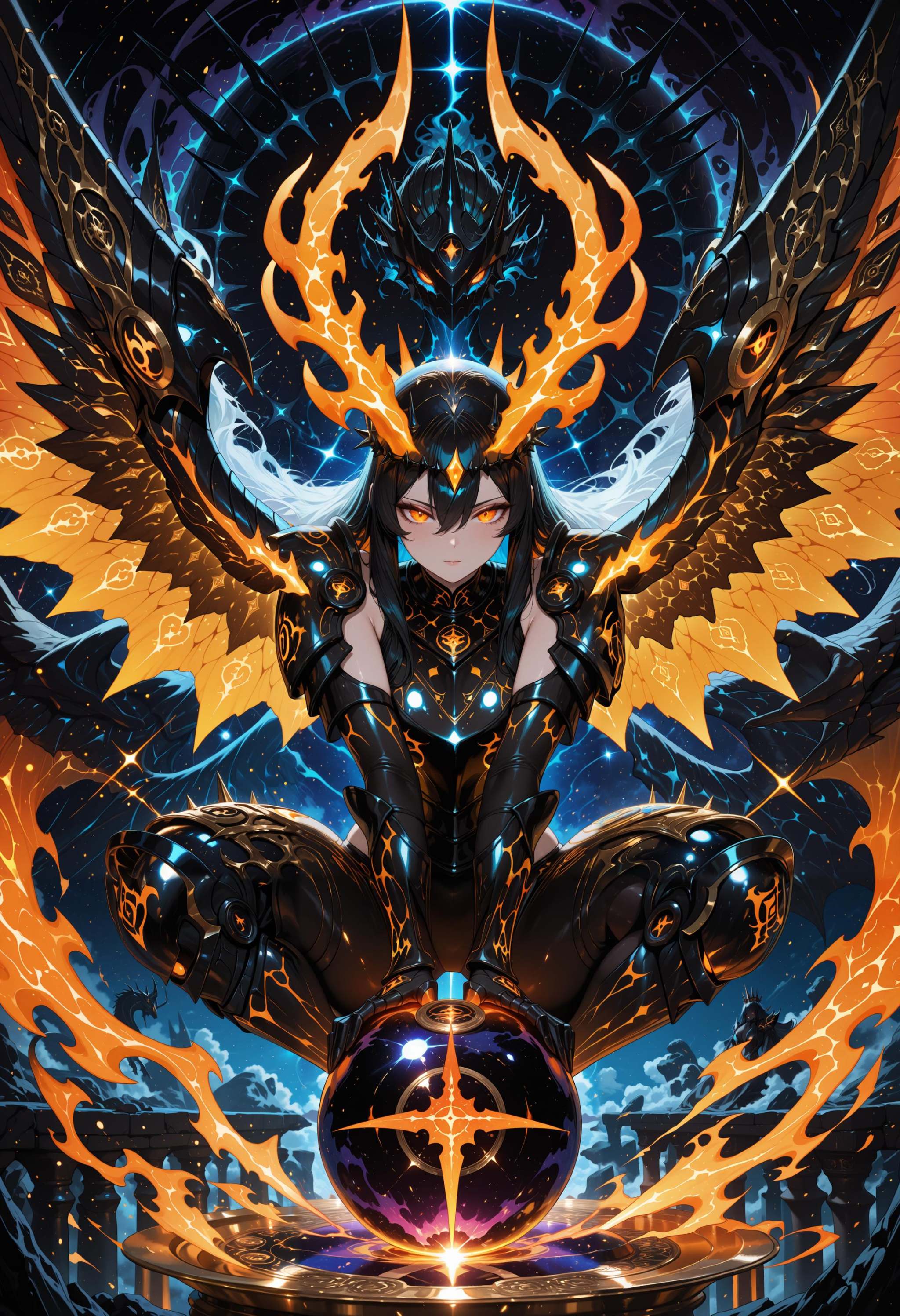 Newanimecore,  centered composition,  sits on a magic ball on Tensor.Art