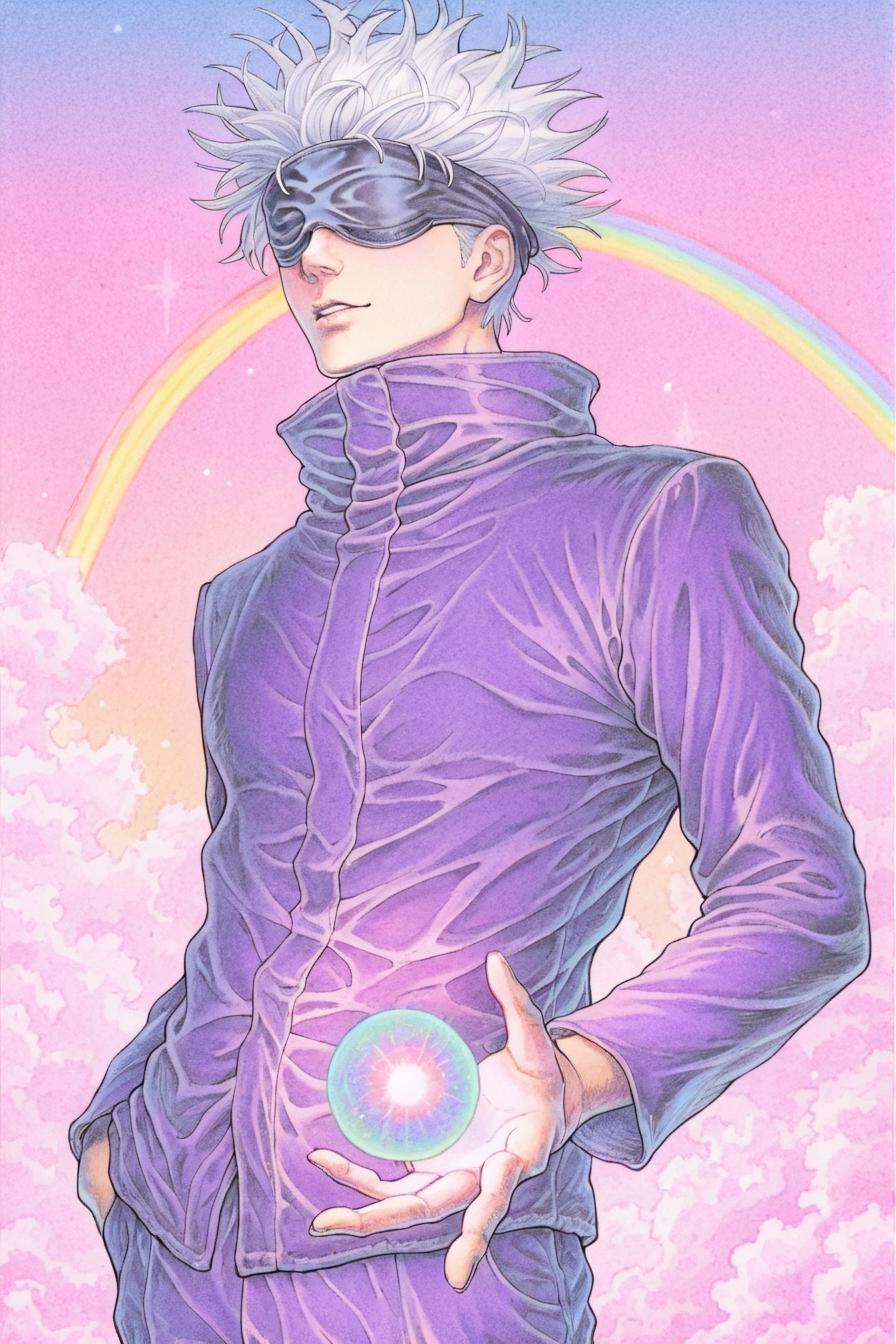 gojou satoru,  white hair,  purple pants on Tensor.Art