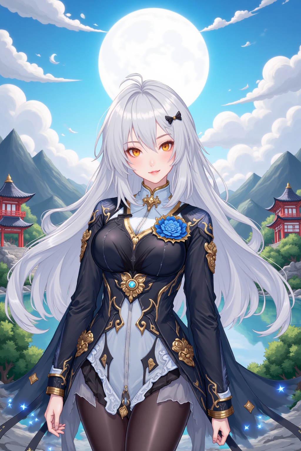The image depicts a character with long,  flowing white hair and striking orange eyes. She is wearing a black and white ou...