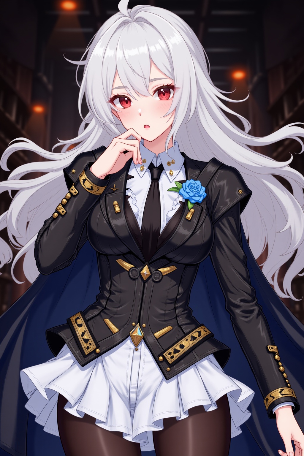 The image depicts a character with long,  flowing white hair and striking red eyes. She is wearing a black leather jacket...