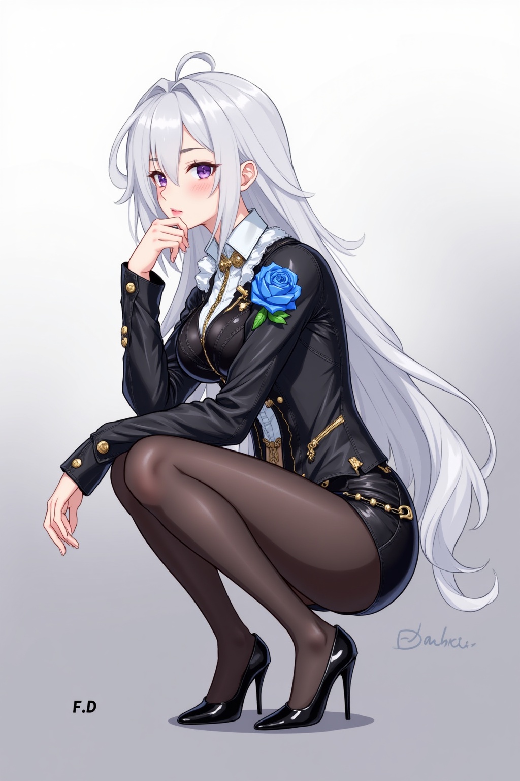 The image depicts a stylized,  anime-style character with long,  flowing white hair. The character is wearing a black on T...
