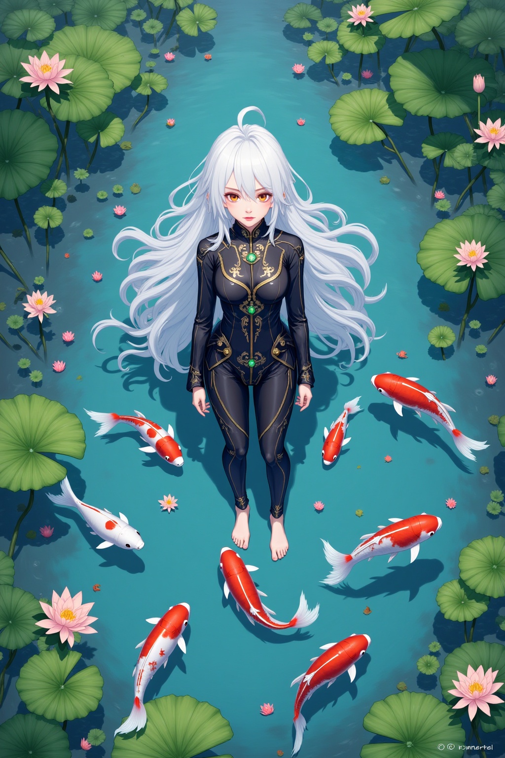 The image depicts a serene and artistic scene with a character standing in a body of water surrounded by vibrant koi fish....