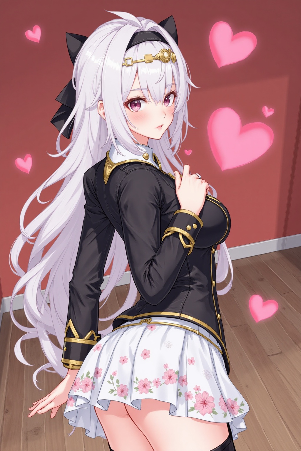 The image depicts a character with long,  flowing white hair,  adorned with a black headband and a golden accessory. The c...