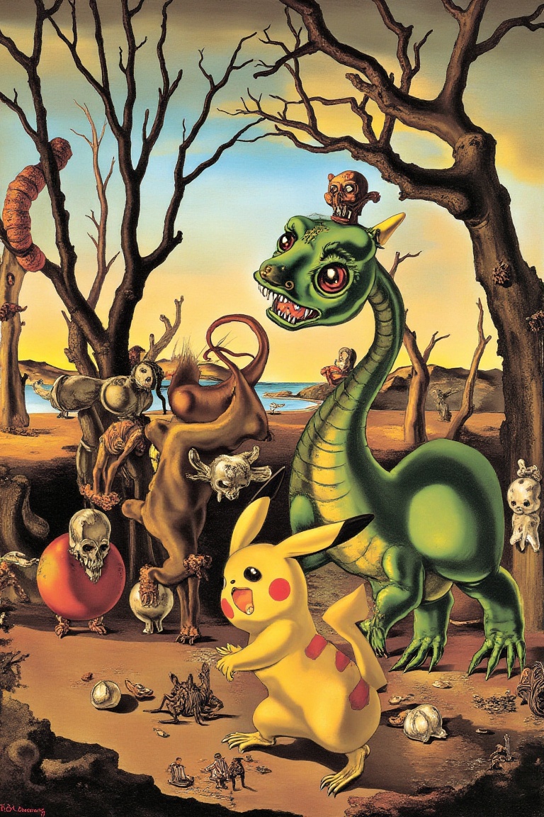 art by salvador dali,  surreal depictions of pikachu,  charizard on Tensor.Art