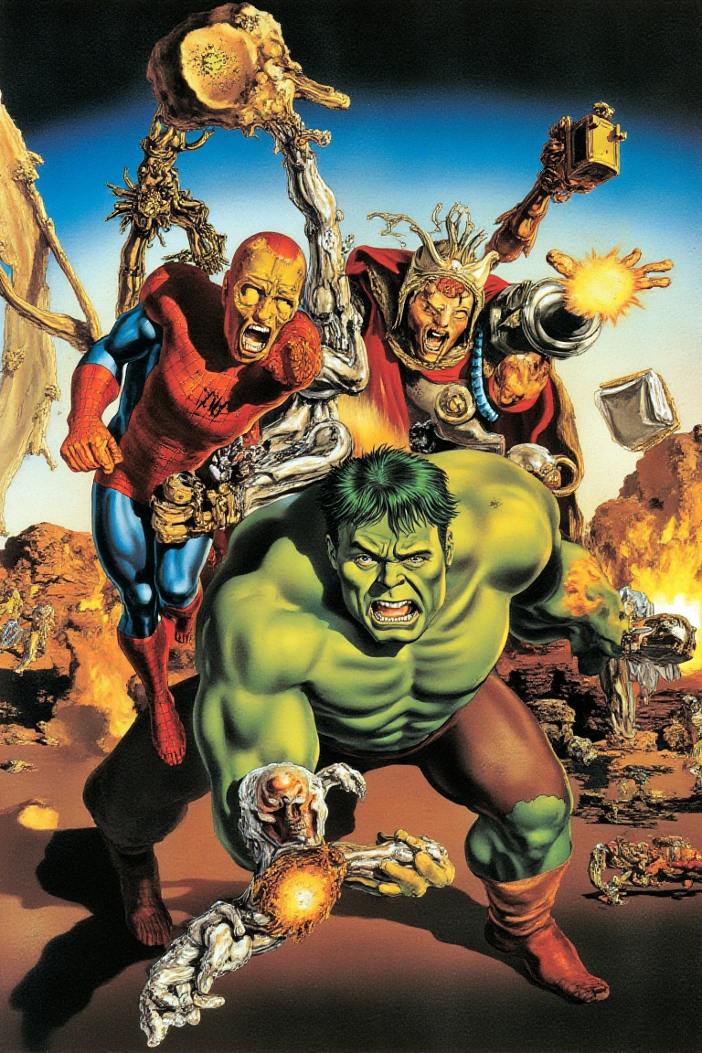 art by salvador dali,  surreal depictions of avengers members consisting of Spiderman,  Hulk on Tensor.Art