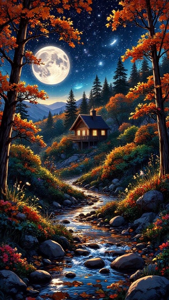 A winding forest road lined with autumn trees,  moonlit filtering through drifting leaves,  reflecting in a nearby stream....