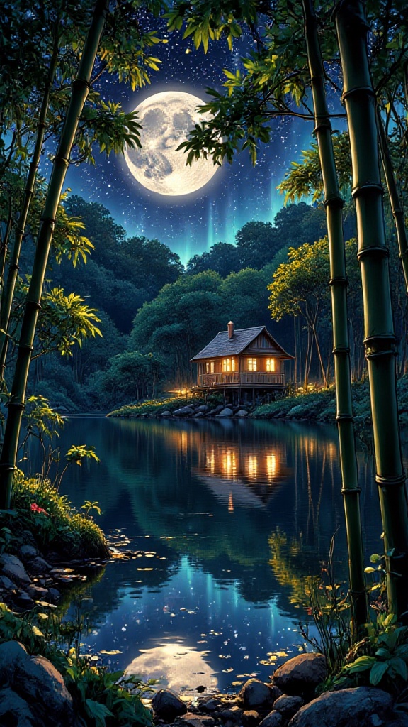 A small lake framed by a dense bamboo grove,  with star reflections shimmering on calm summer water. The milky way,  auror...