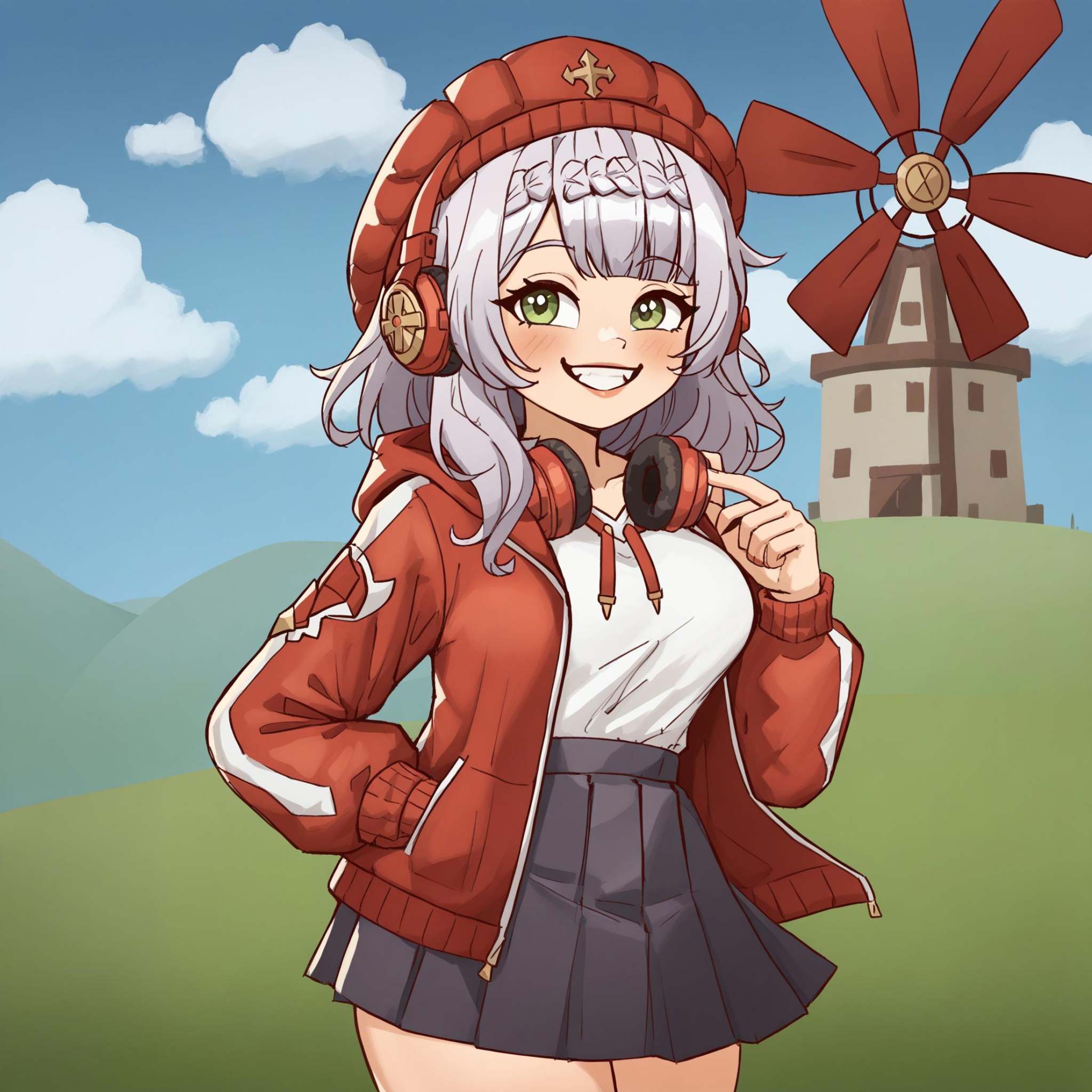 1girl absurdres alternate_costume beanie braid braided_bangs cloud cloudy_sky commission genshin_impact greedydeviant hat...
