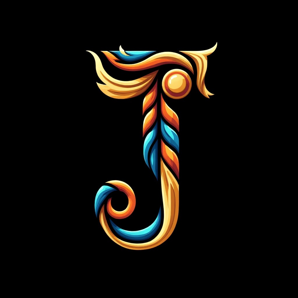 Pharaonic handwritten letters,  the letter J,  in a vibrant artistic representation that mimics Egyptian motifs. The desig...