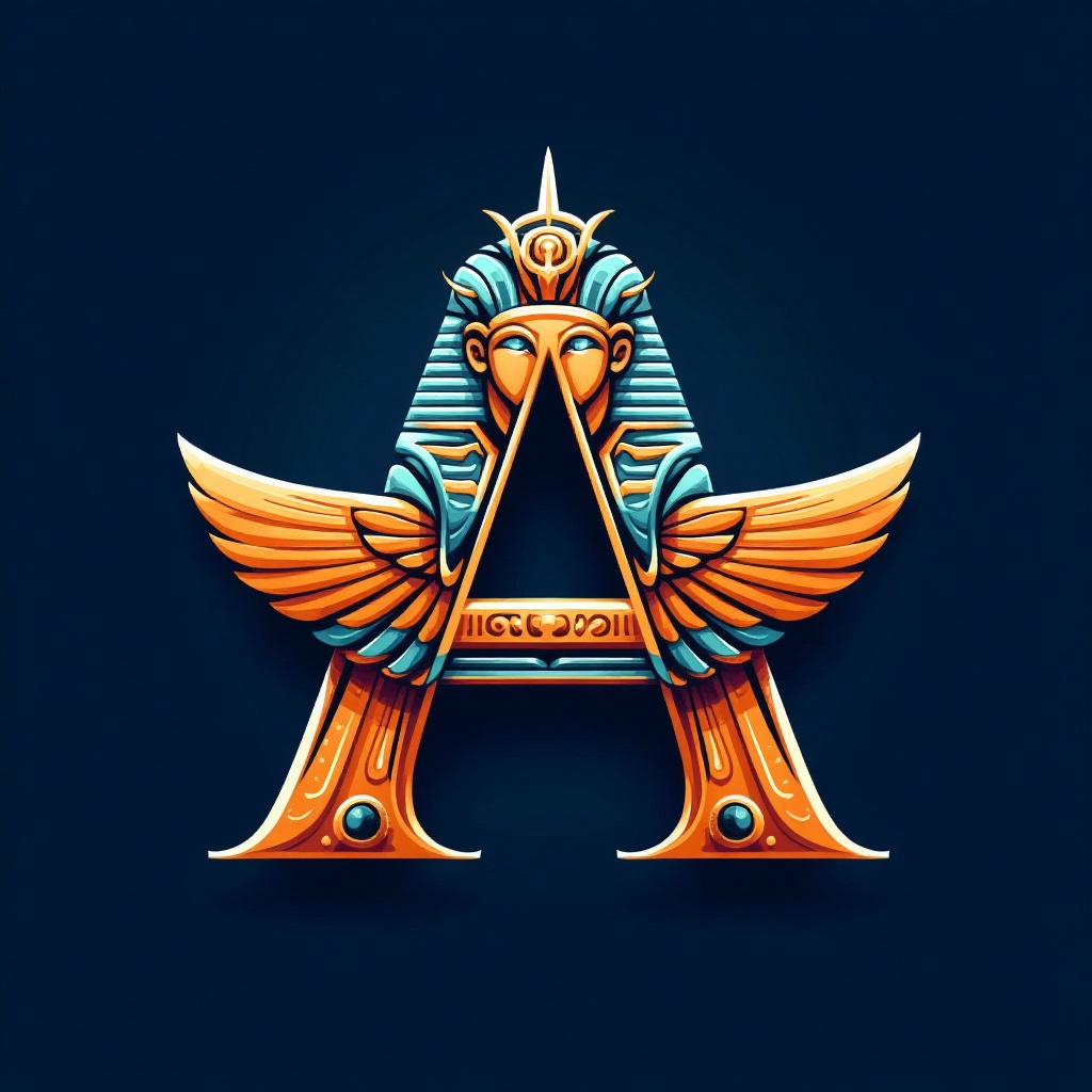 "Pharaonic style letters depicting the letter 'A' with intricate Egyptian-inspired details. The design features a vibrant...