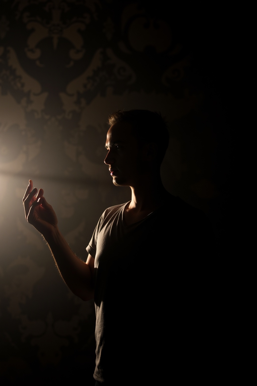 A dramatic scene with light casting stark shadows,  creating a contrast between bright highlights and deep darkness. The s...