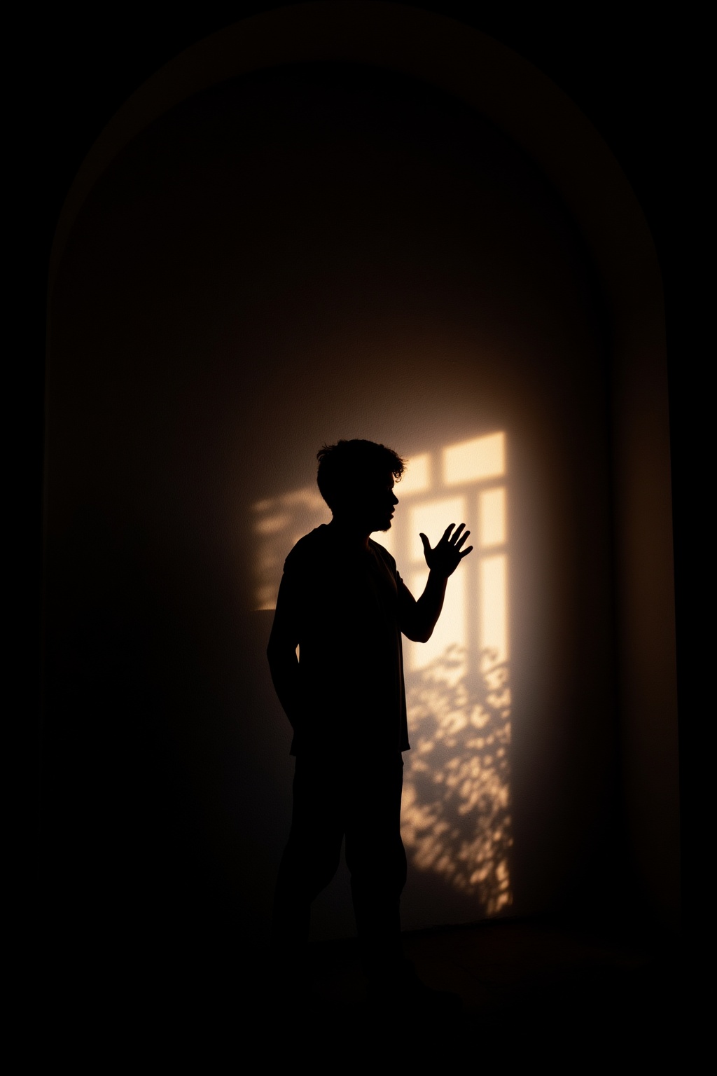 A dramatic scene with light casting stark shadows,  creating a contrast between bright highlights and deep darkness. The s...