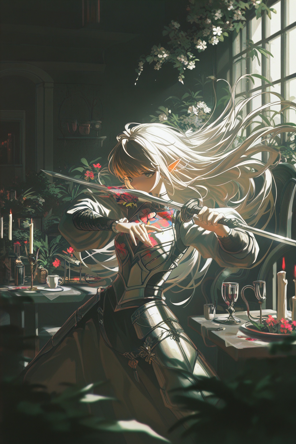 grndzro_style,  1girl,  long pointy ears on Tensor.Art