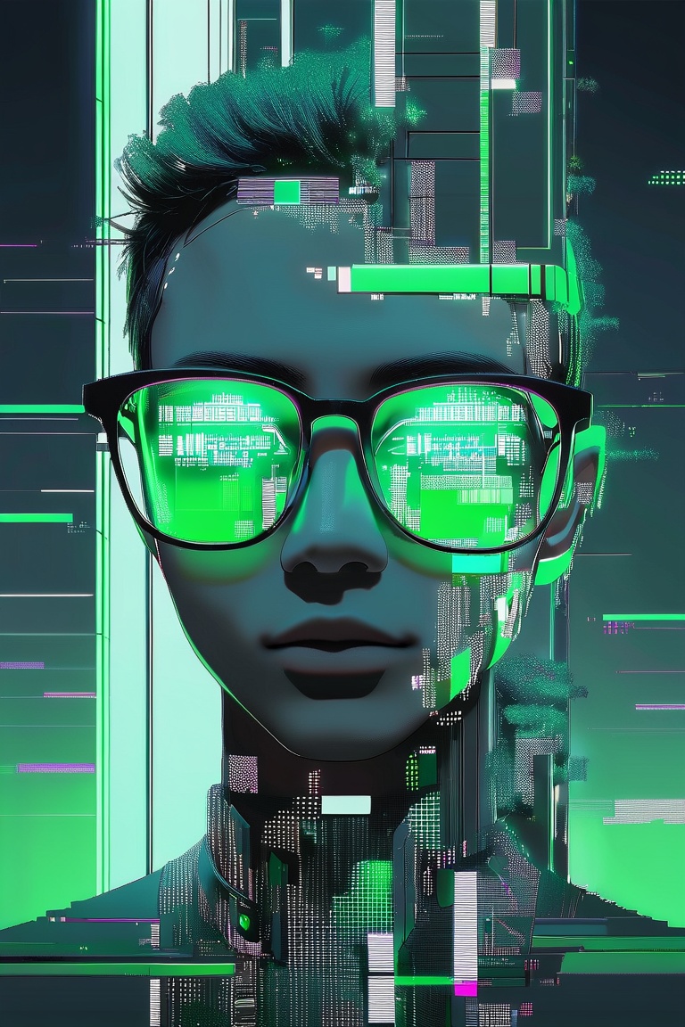 fragmentface,  A young futuristic man with glasses,  his head morphing into a vertical cityscape of green lights and cyber...