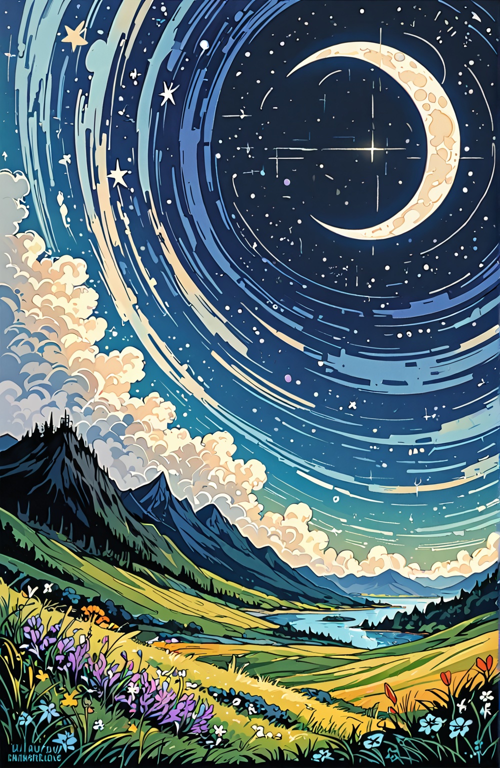 a vast,  star-filled night sky that spans the entire canvas. The deep blue and indigo hues of the night should be punctuat...
