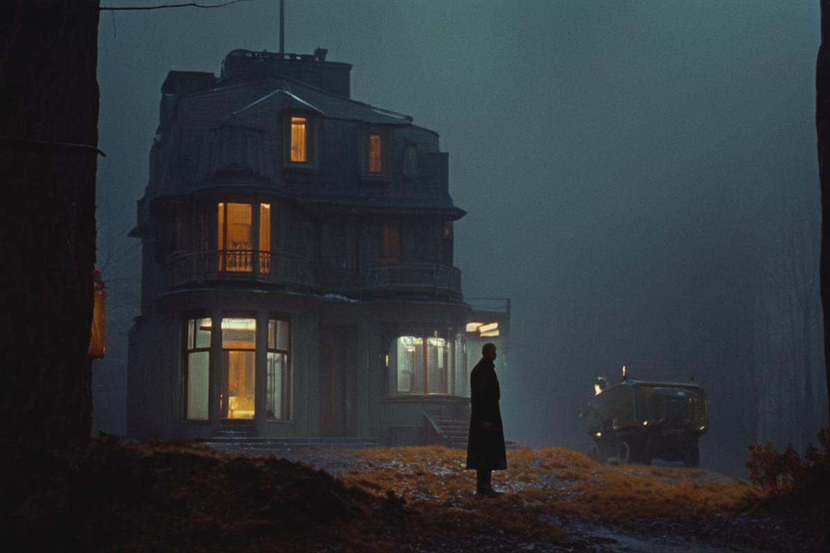 cinematic moody scifi-cyberpunk-art-nouveau-small-house-syd-mead-darek-zabrocki saul leiter screenshot from a movie,  a24...