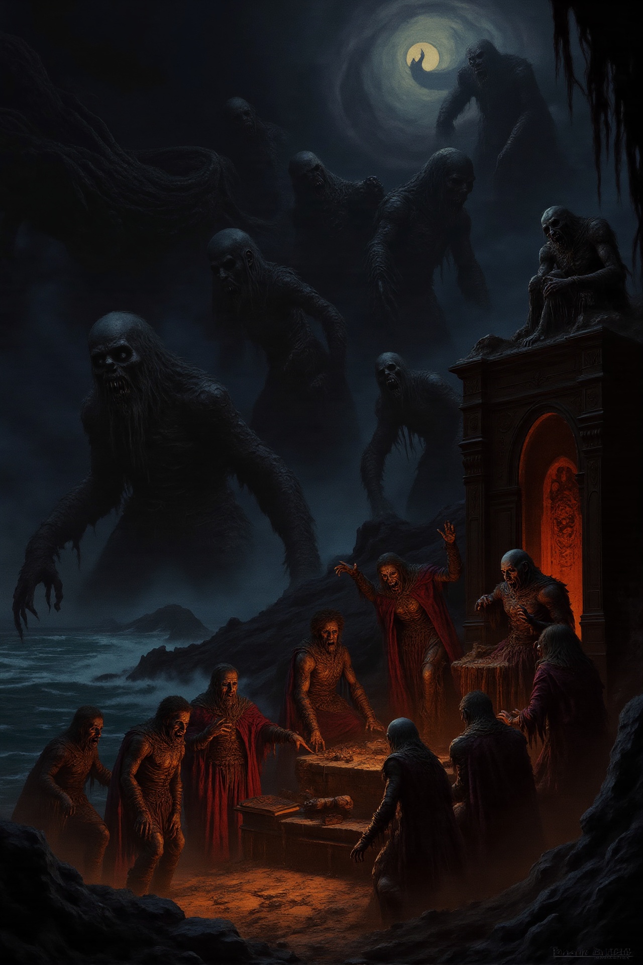 Gr1md4rkS4ga,  A dark,  misty night on a forsaken coastline on Tensor.Art