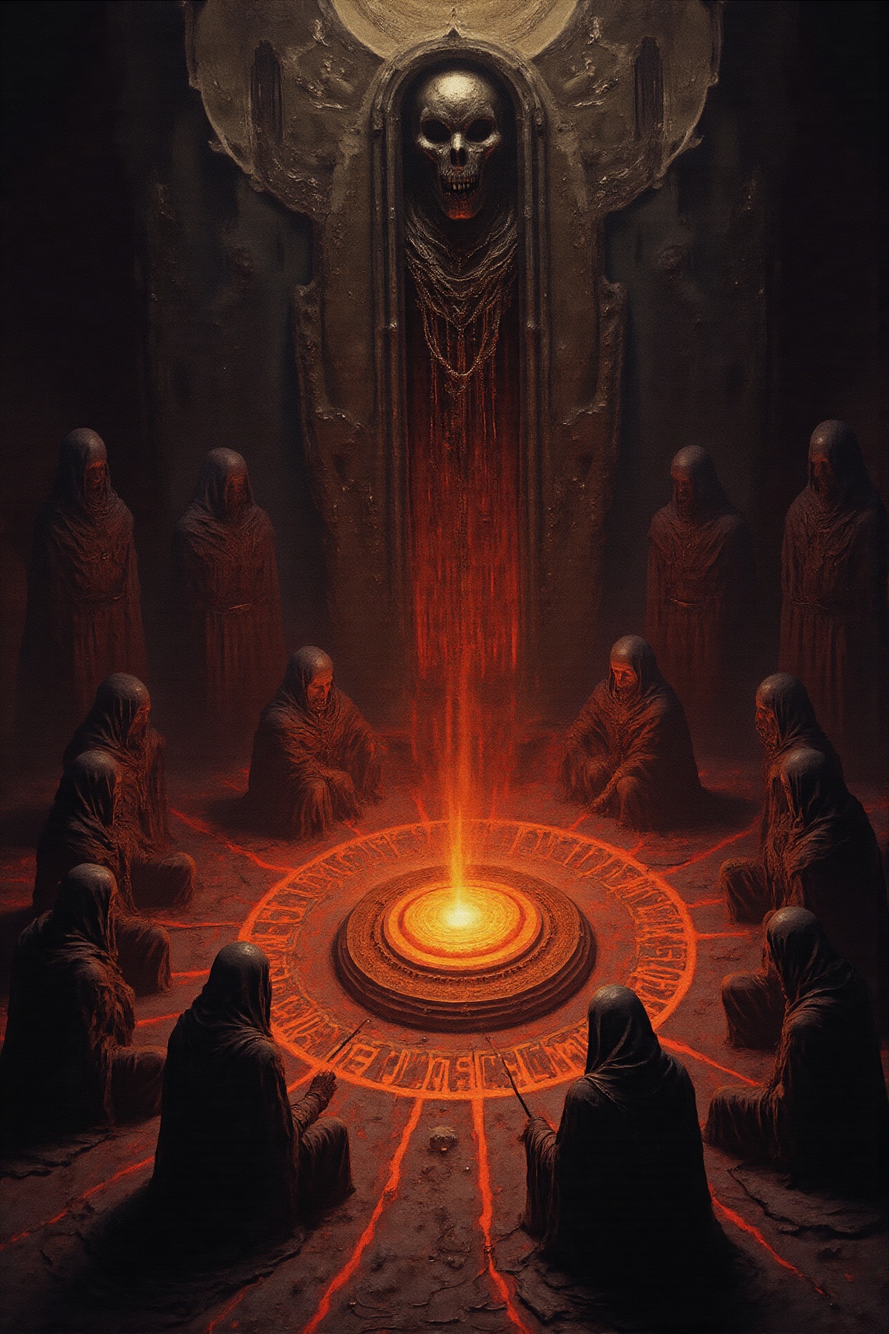 Gr1md4rkS4ga,  Hooded cultists perform an ancient ritual around a pulsating,  alien energy core that was salvaged from a c...