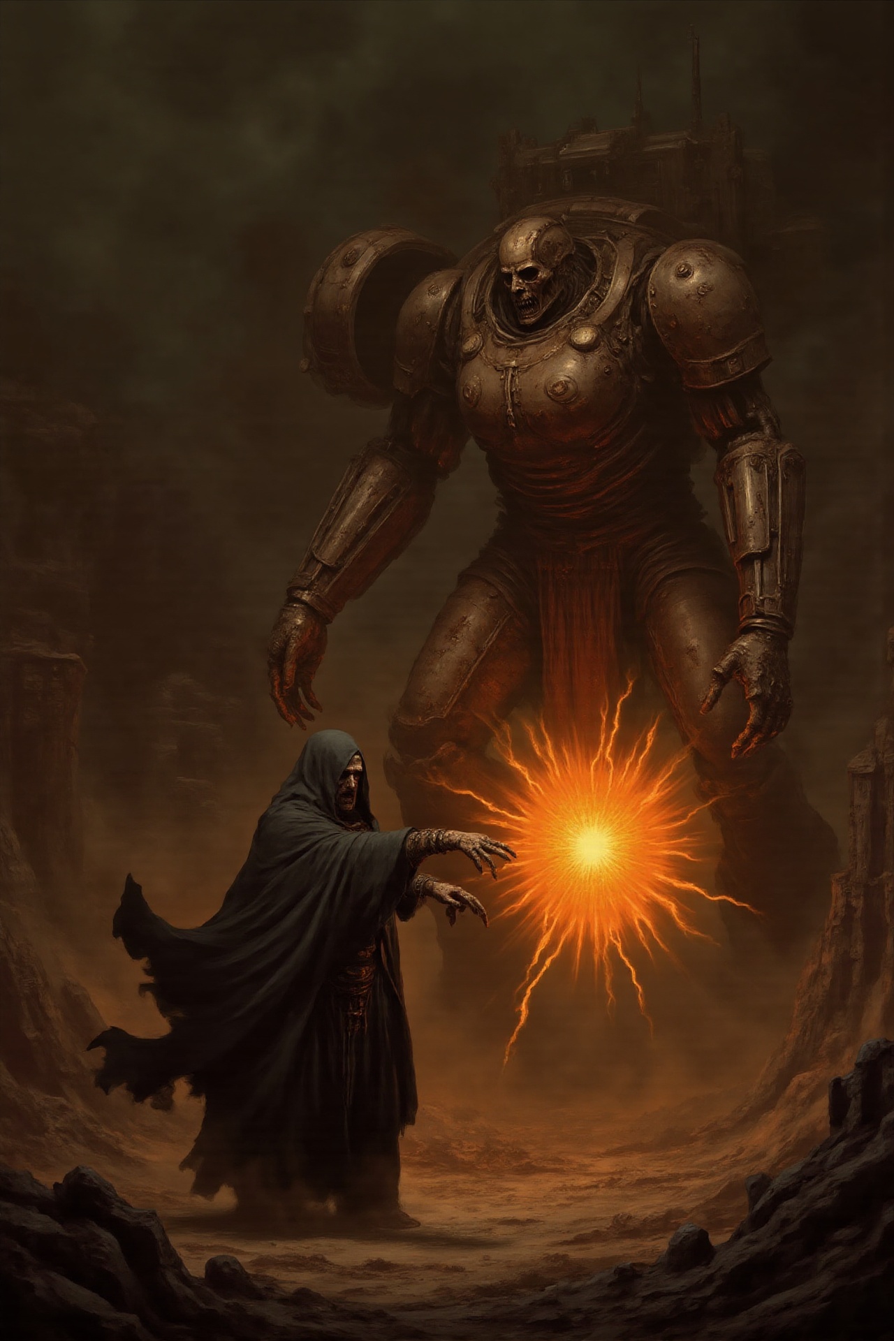 Gr1md4rkS4ga,  A decrepit sorcerer in dark robes summons ethereal,  crackling energy to fight a towering on Tensor.Art