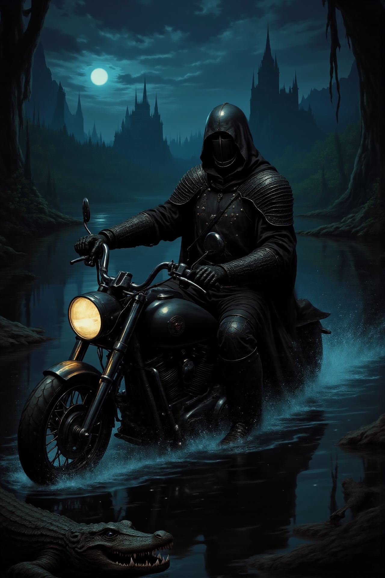 A medieval knight in black armor and hooded,  riding a motorcycle through a swamp lake. The scene is bathed in the glow of...