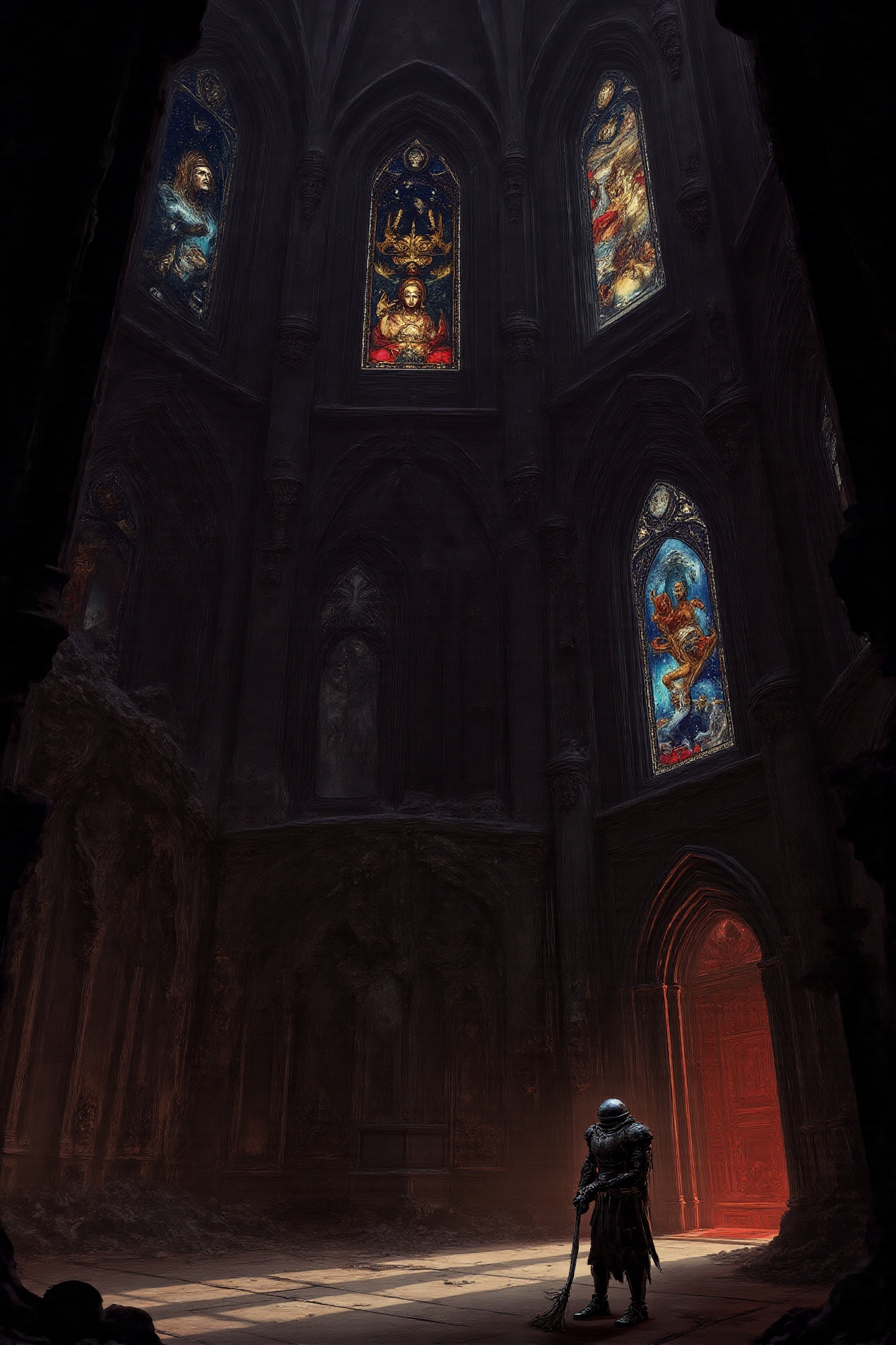 Gr1md4rkS4ga,  The interior of a derelict starship,  designed like a gothic cathedral with vaulted ceilings and stained-gl...