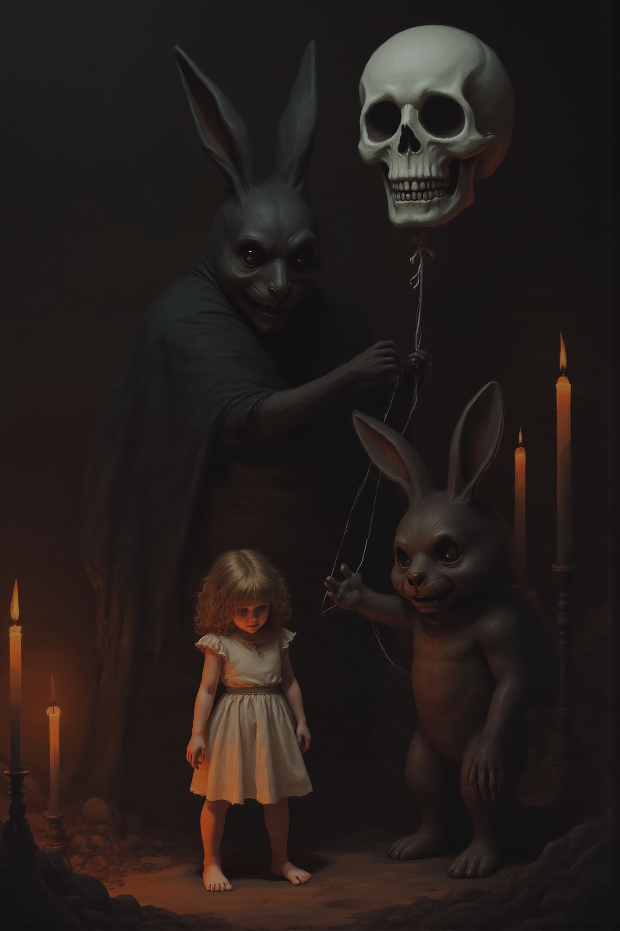 Gr1md4rkS4ga,  A little girl stands beside a large,  dark bunny holding a skull balloon. The scene is softly lit with gent...