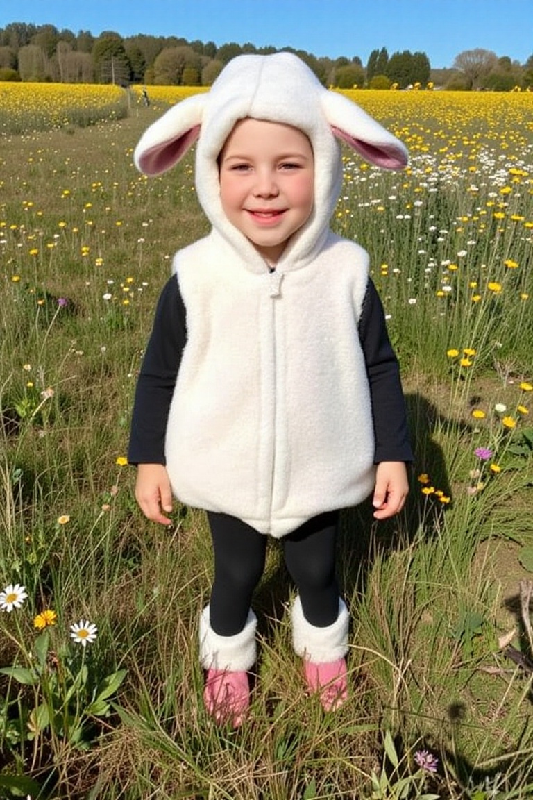full body,  a girl 8 year-old on standing dressed in sheep costume,  smile on Tensor.Art