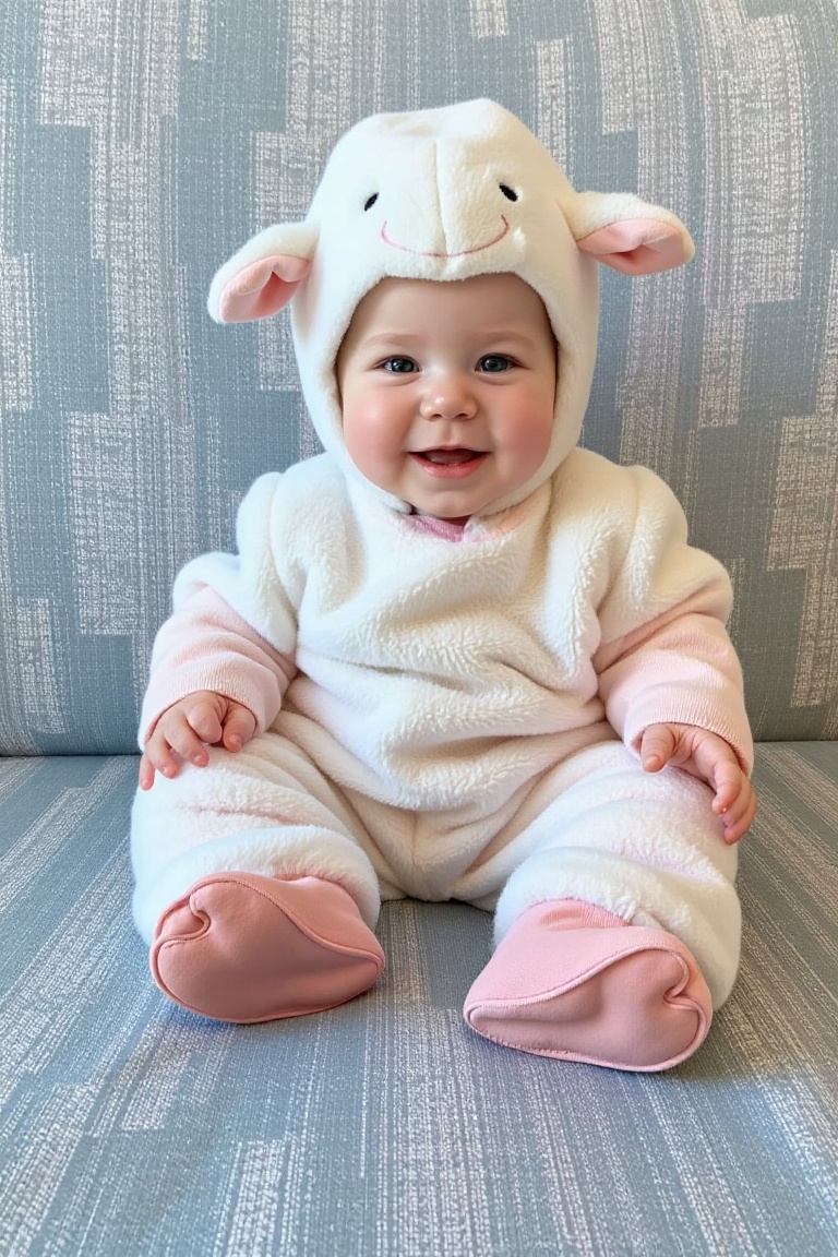 full body,  a child on sitting dressed in sheep costume,  smile on Tensor.Art
