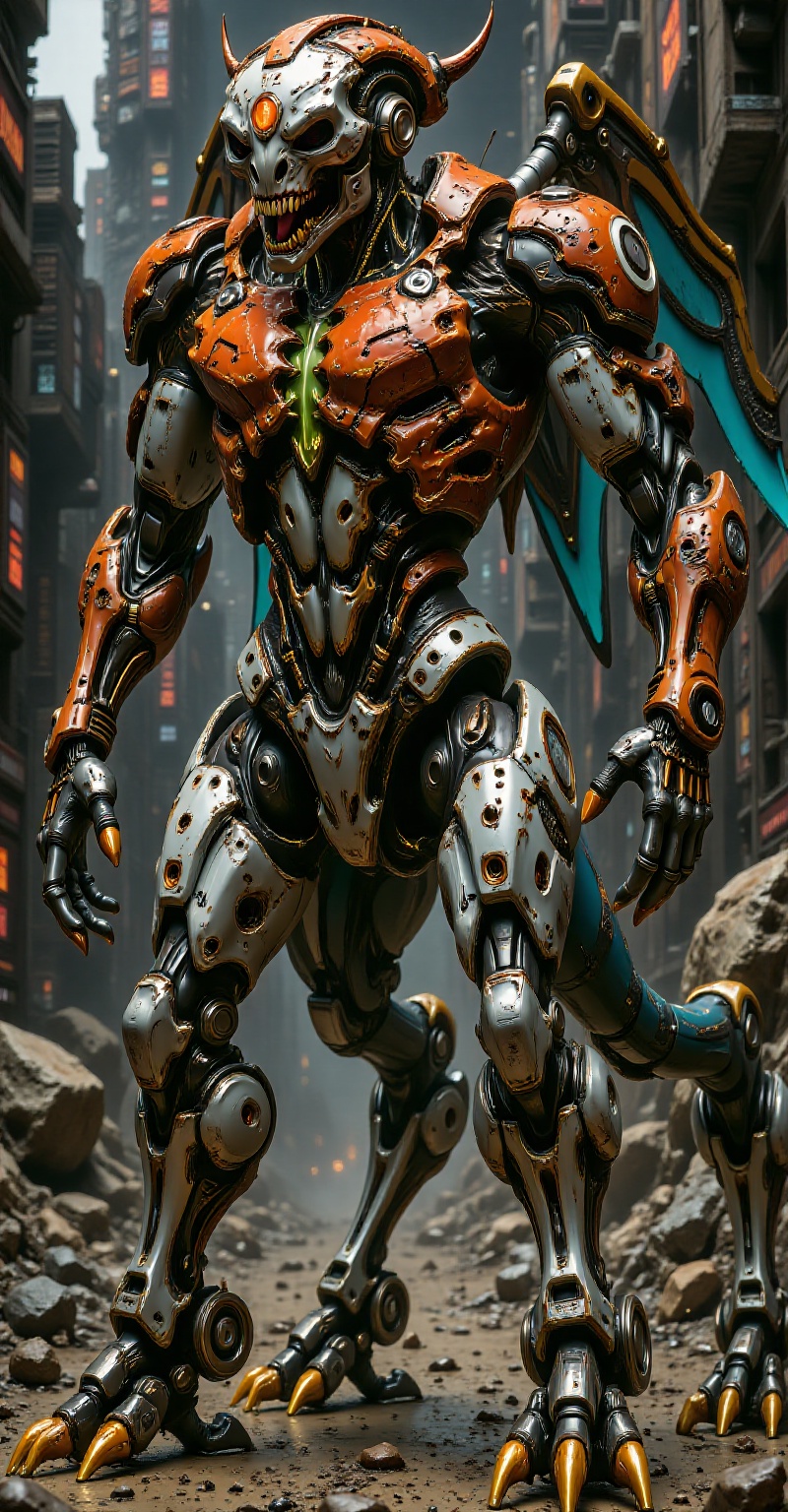 Close-up of a dynamic angle giant robot with a mono eye,  digitigrade bipedal mantis-like legs,  Smeared like a green liqu...