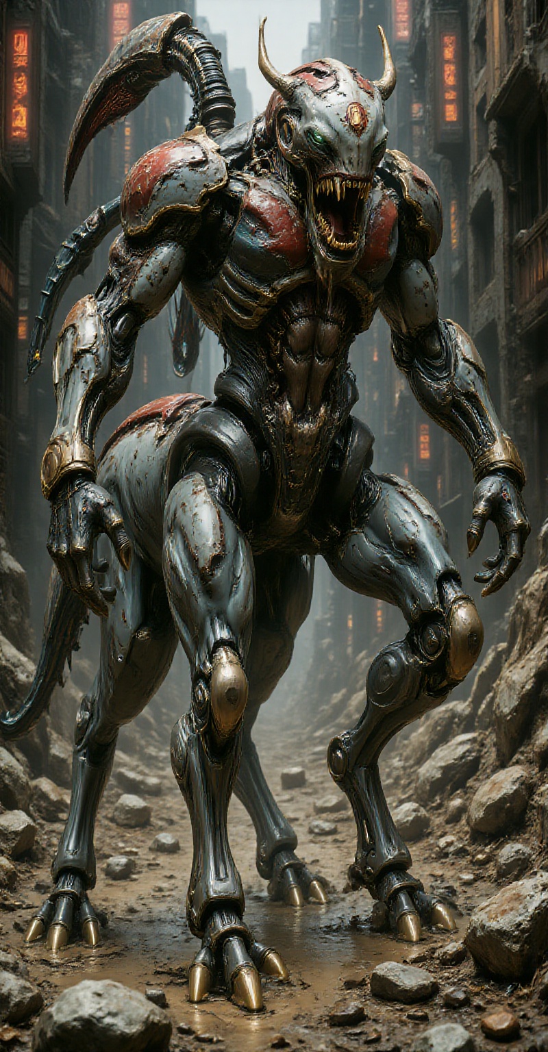 Close-up of a dynamic angle giant robot with a mono eye,  digitigrade bipedal mantis-like legs,  Smeared like a green liqu...