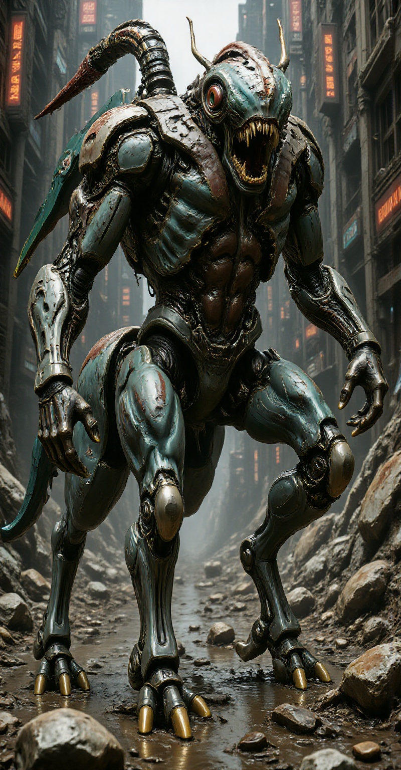 Close-up of a dynamic angle giant robot with a mono eye,  digitigrade bipedal mantis-like legs,  Smeared like a green liqu...