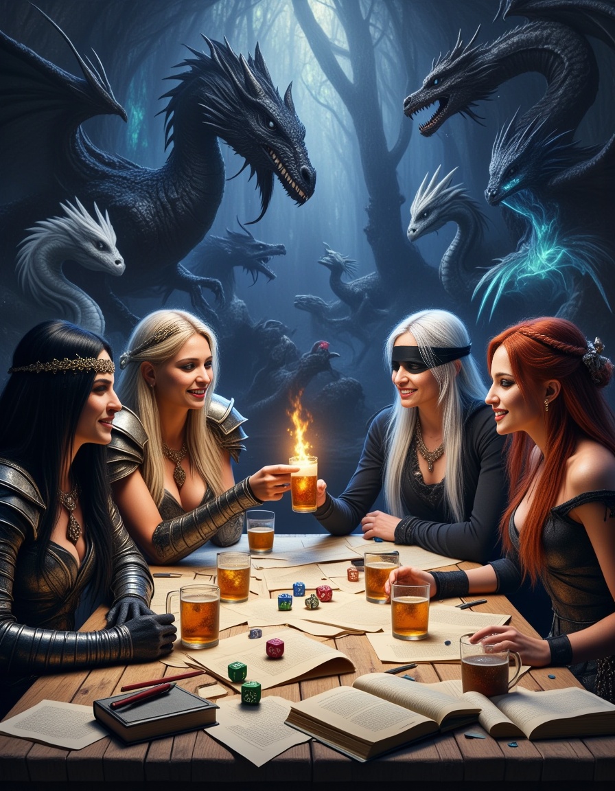 four beautiful ***** fictional characters from the Dragonlance novel series seated around a table drinking and laughing wh...