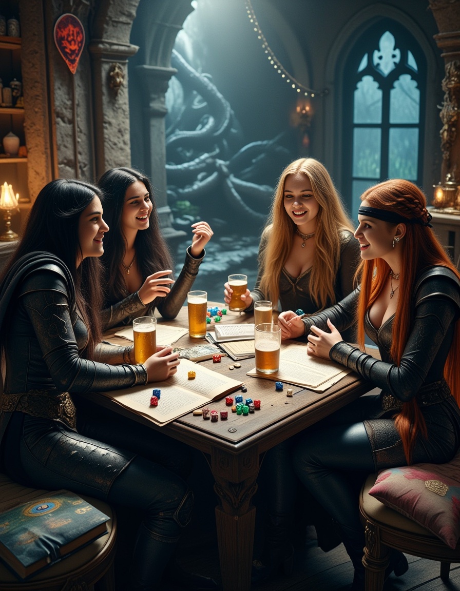 four beautiful ***** fictional characters from the Dragonlance novel series seated around a table drinking and laughing wh...