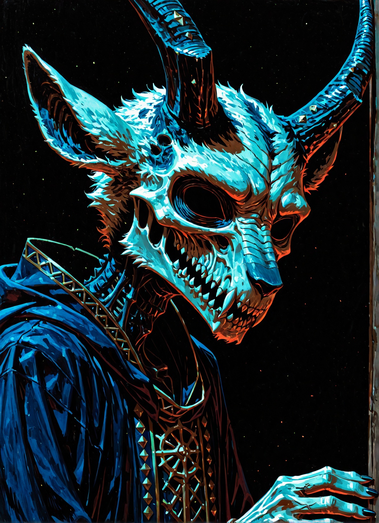 GoatWizard,  painting,  painting of a horned white anthropomorphic goat with dark curled ram's horns and an elegantly embr...