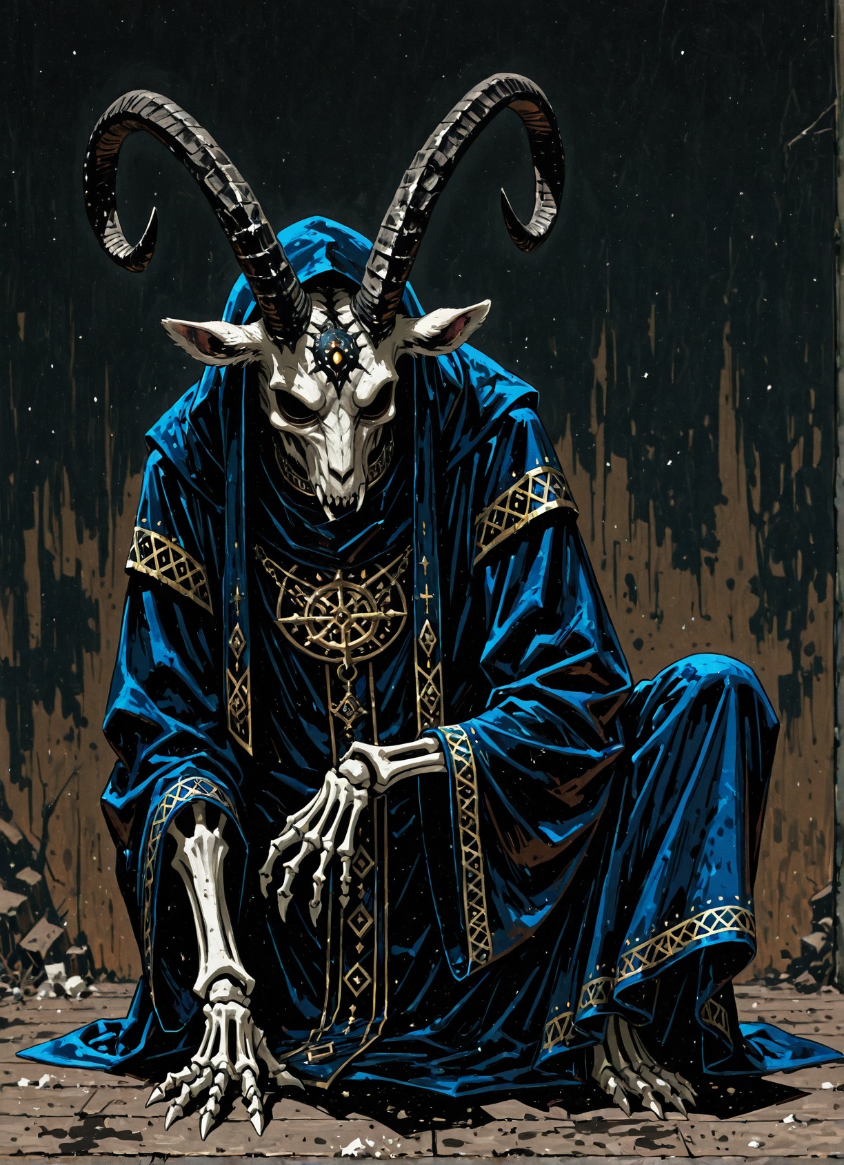 GoatWizard,  painting,  painting of a horned white anthropomorphic goat with dark curled ram's horns and an elegantly embr...