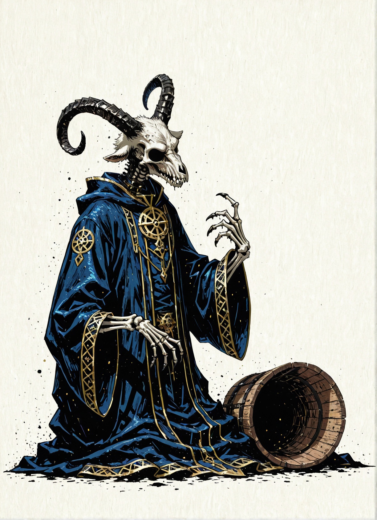 GoatWizard,  painting,  painting of a horned white anthropomorphic goat with dark curled ram's horns and an elegantly embr...