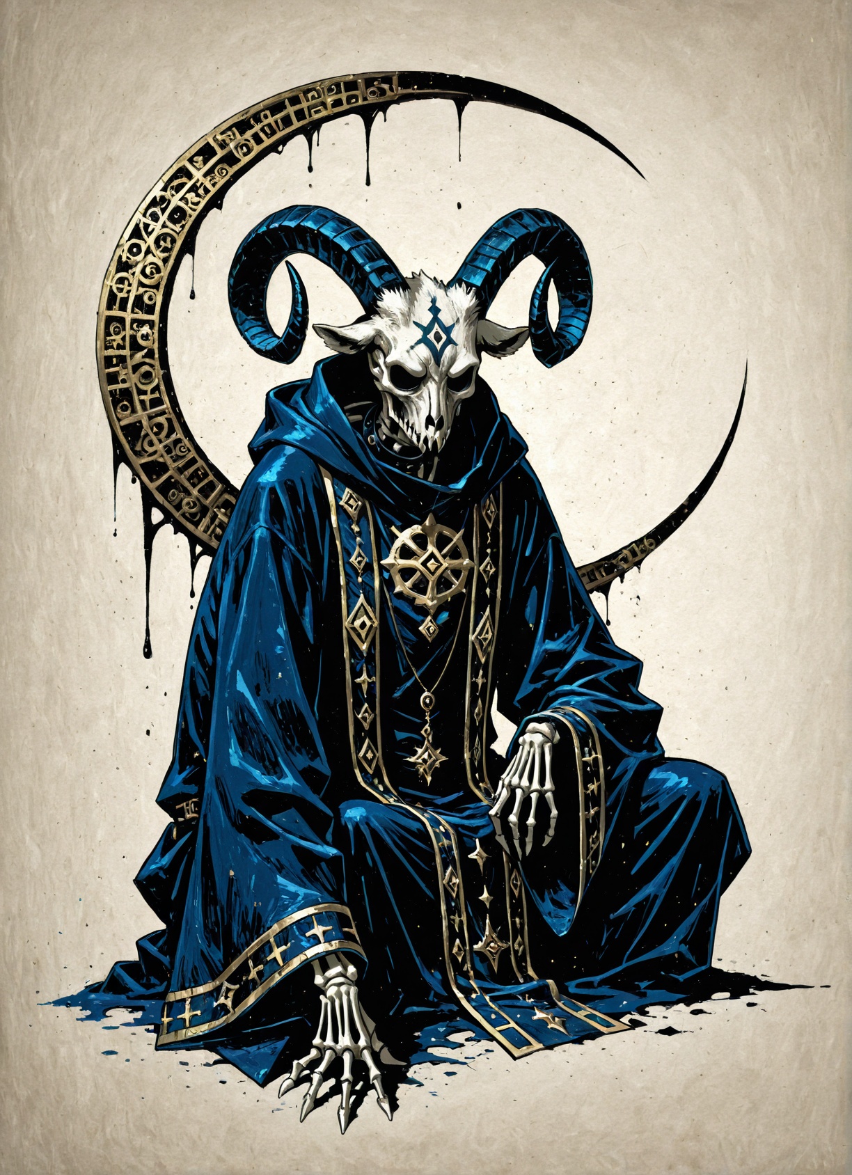 GoatWizard,  painting,  painting of a horned white anthropomorphic goat with dark curled ram's horns and an elegantly embr...