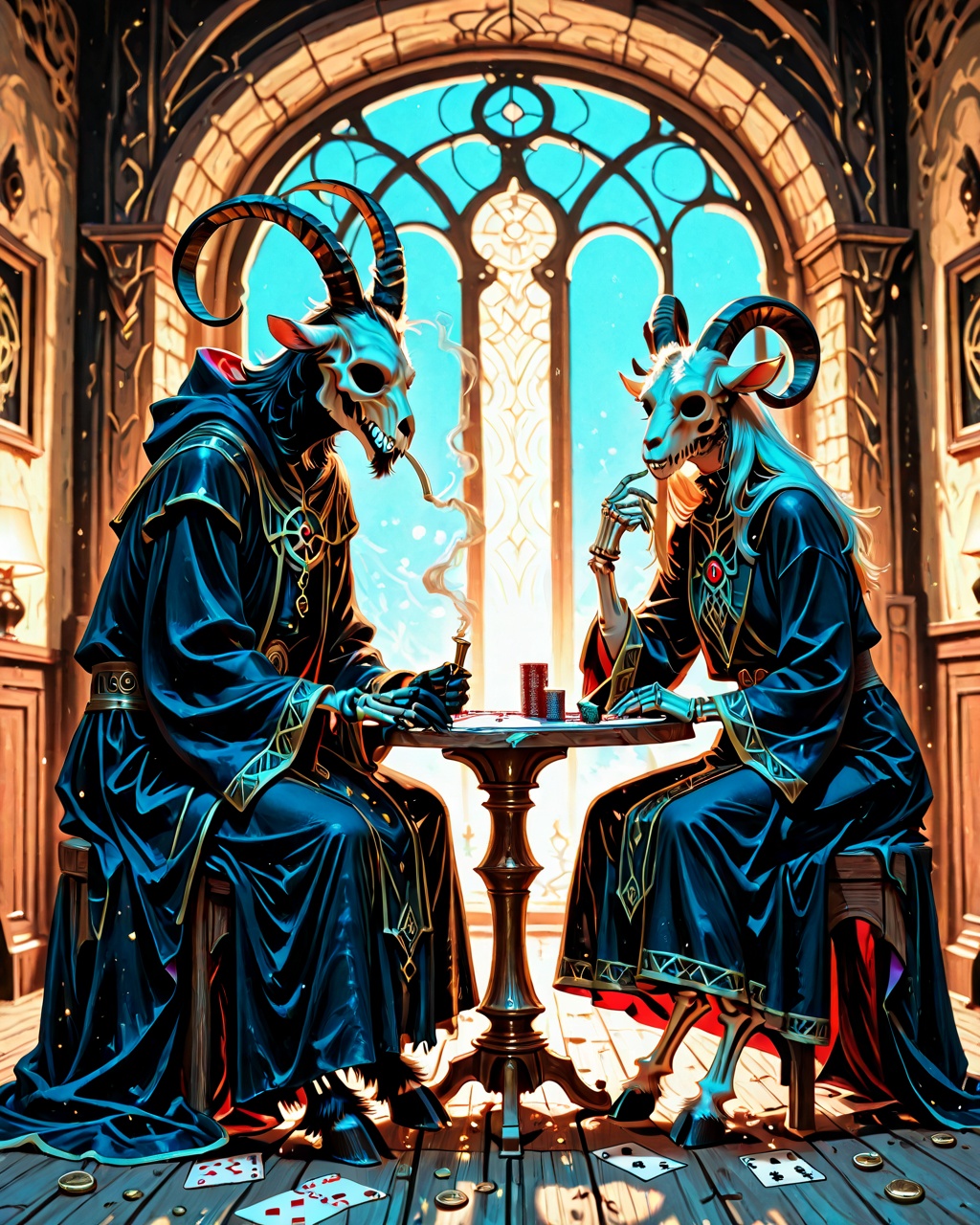 Semi-realistic illustration in the style of Dungeons & Dragons,  2 characters,  WizardGoat & Red the Ever-Living on Tensor...
