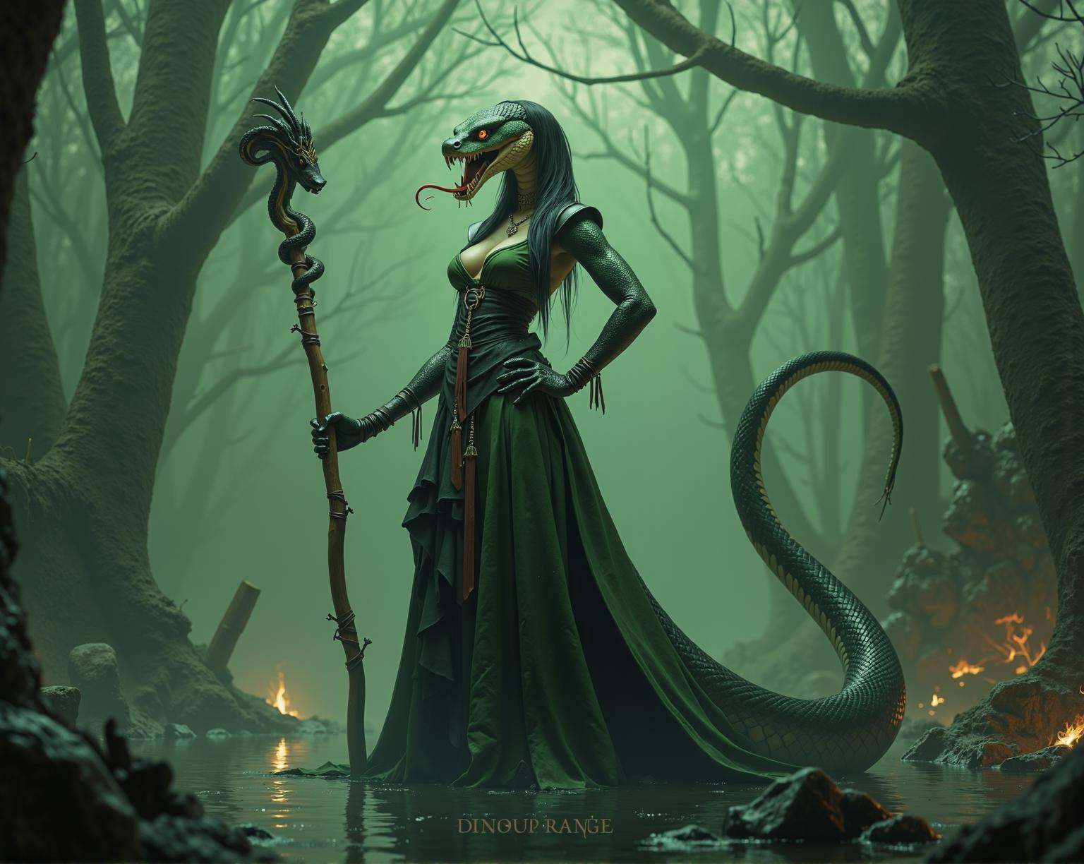 Dark Fantasy Art,  (anthro female cobra),  movie poster cover art on Tensor.Art
