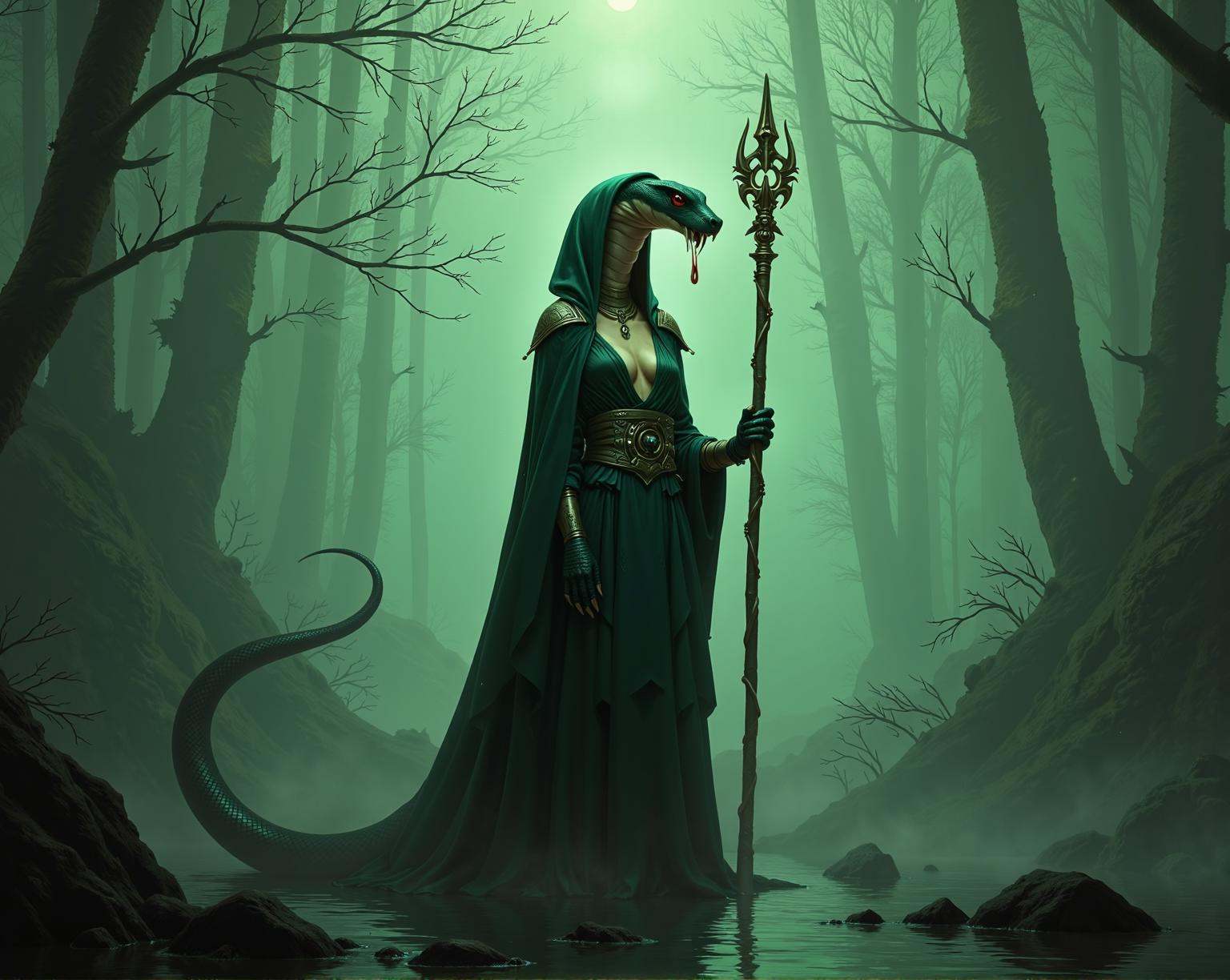 Dark Fantasy Art,  (anthro female cobra),  movie poster cover art on Tensor.Art