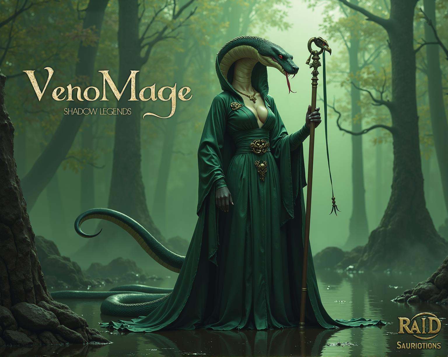 (anthro female cobra),  movie poster cover art,  legible text at the top of the poster reading " VenoMage " in an elegant...