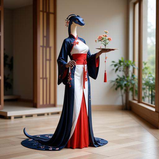 a traditional Chinese dress.,  a petite build,  floor-length gown that combines elements of traditional Japanese and moder...