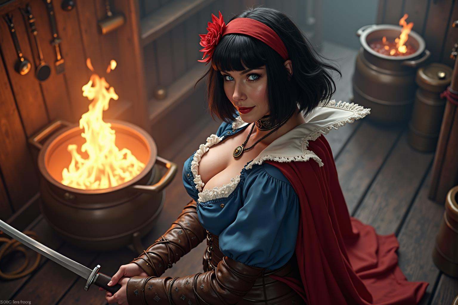 Romance movie still,  realistic scene shot in the galley of a pirate ship,  highest real-life quality on Tensor.Art