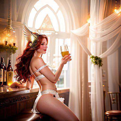 realistic digital painting of a young woman sitting at a bar holding a beer in front of her,  full body,  low light romant...