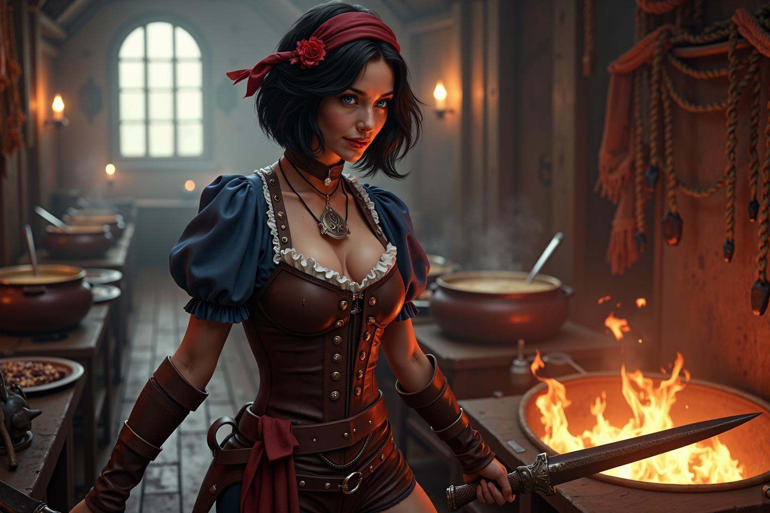 Romance movie still,  realistic scene shot in the galley of a pirate ship,  highest real-life quality on Tensor.Art