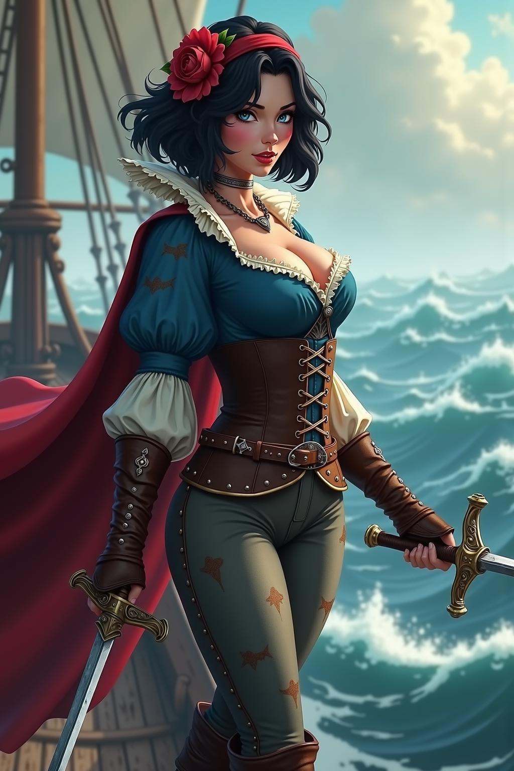 Action movie still,  port bow on an ancient pirate ship,  fantasy art on Tensor.Art