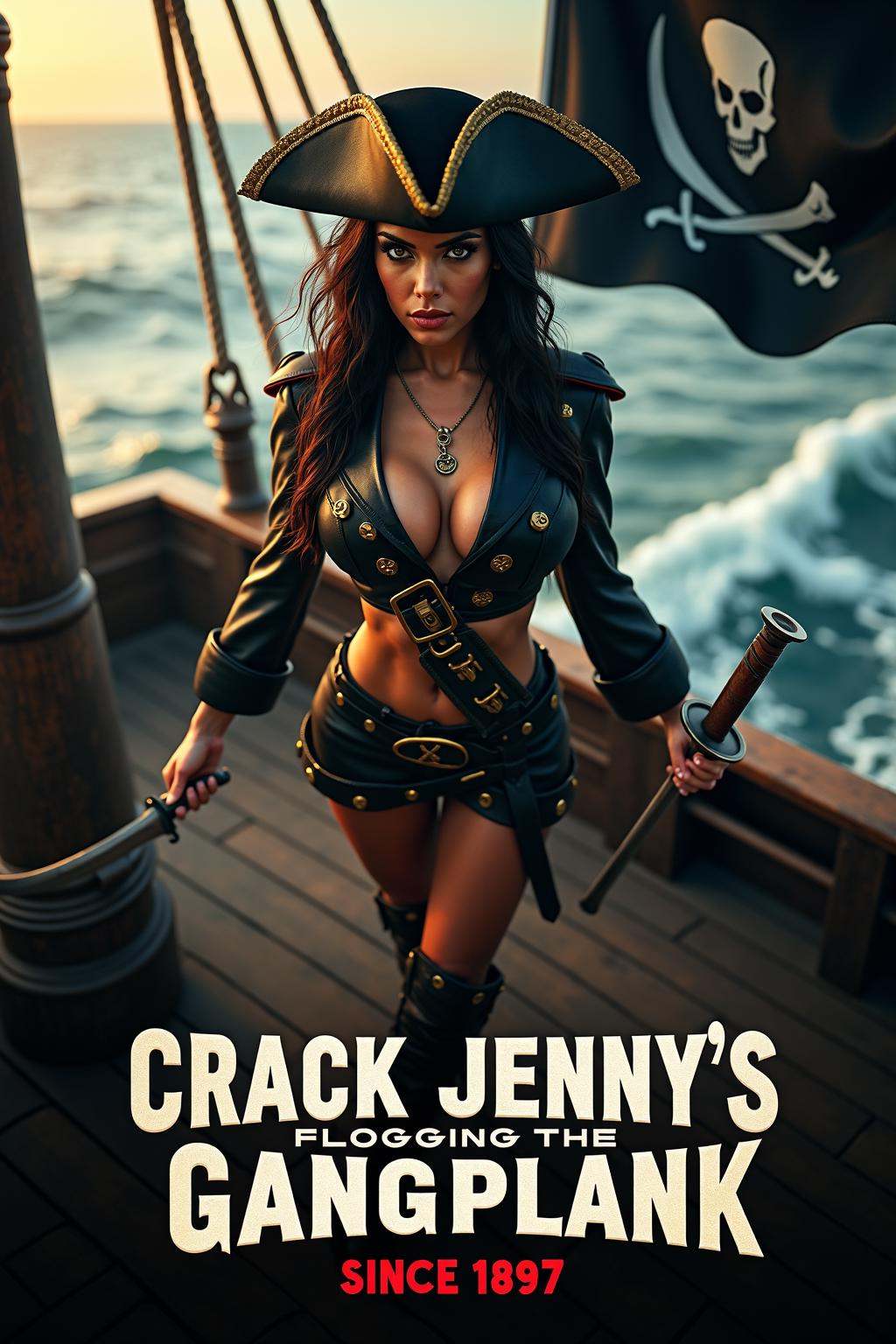 realistic movie poster of an epic pornographic film,  featuring a sexy busty scantily clad dark haired pirate woman with s...