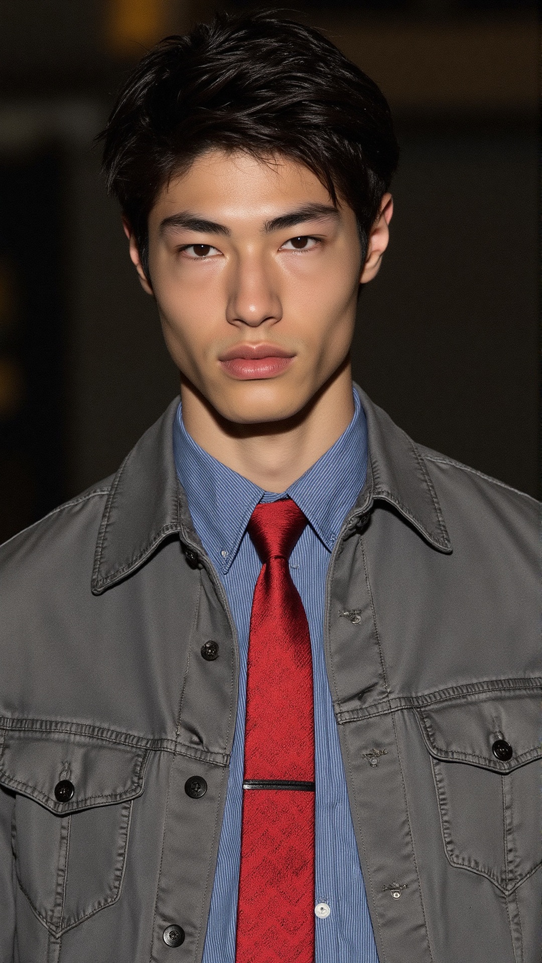 Captured at eye-level,  a cinematic shot of a young handsome Asian man with dark brown hair and dark eyes. He is wearing a...